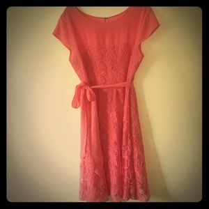 DRESSBARN coral Floral lace fit and flare dress 14 Chiffon neckline